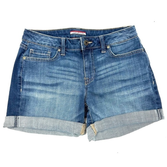 Vintage Tommy Hilfiger Jean Shorts Size 2 Rolled Hem Y2K Blue Denim Pockets - Picture 1 of 9